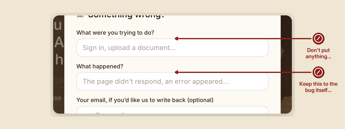 Screenshot of the bug reports screen at /, illustrating “What NOT to do”, with numbered callouts: 1. DON'T — Don't put anything sensitive here; 2. DON'T — Keep this to the bug itself.