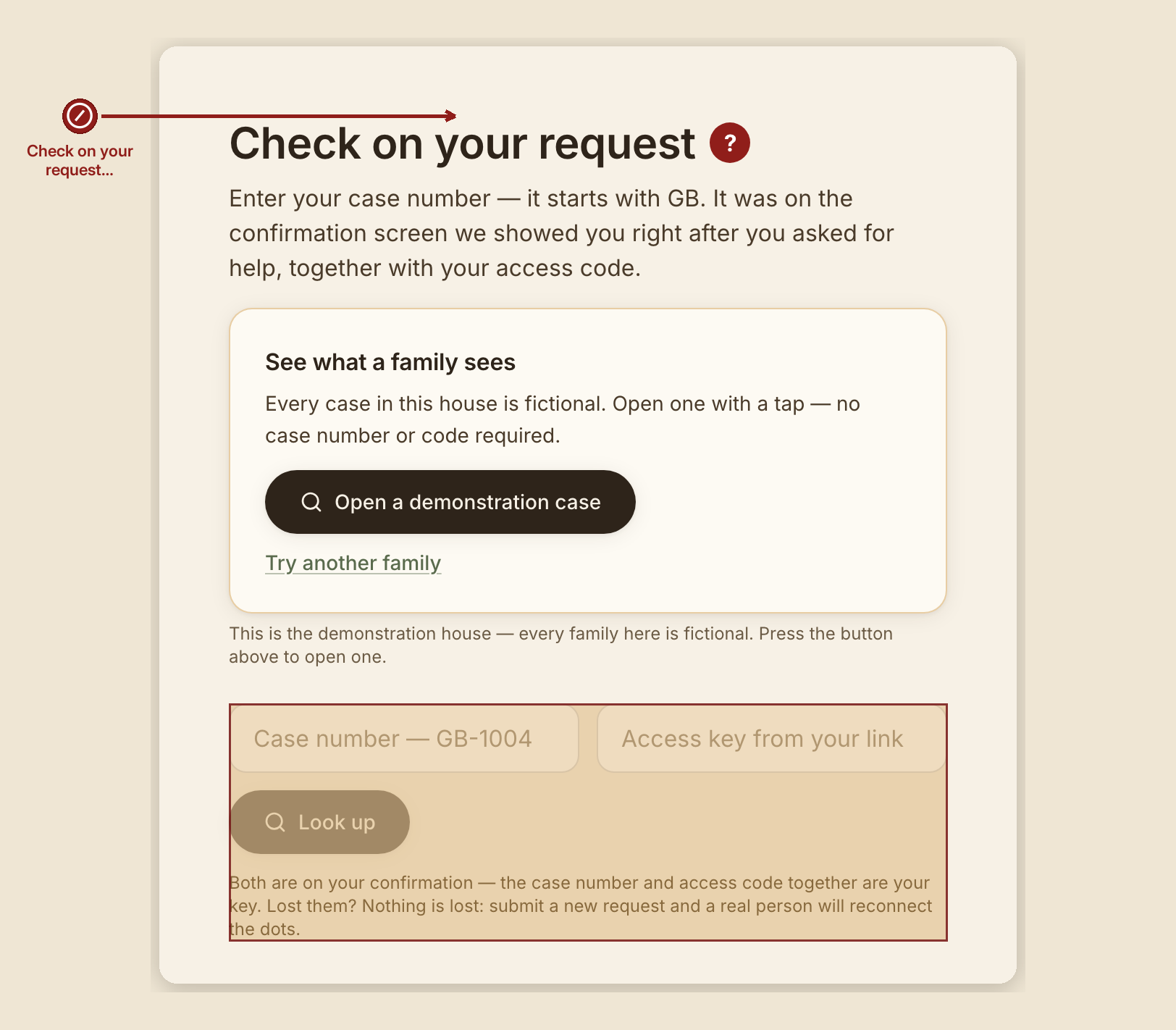 Screenshot of the check in links screen at /portal?t=not-a-real-token-abc123, illustrating “What NOT to do”, with a highlighted region and numbered callouts: 1. DON'T — Check on your request.