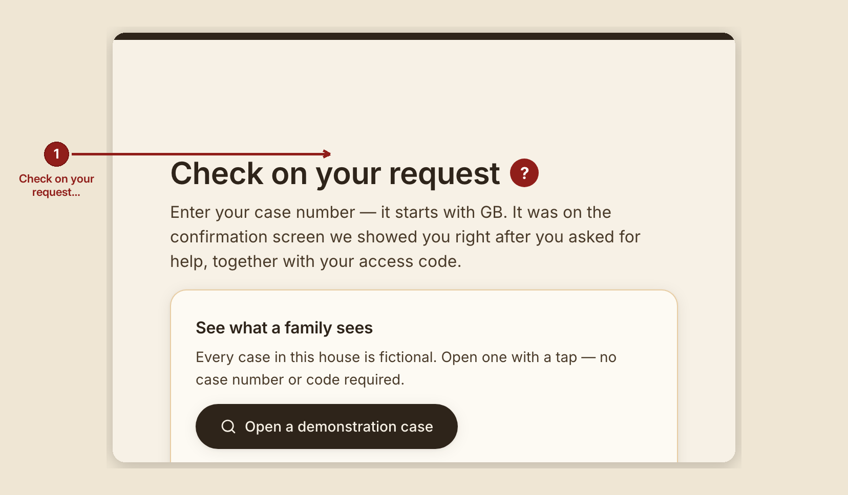 Screenshot of the client portal and check my request screen at /portal, illustrating “What this screen is for”, with numbered callouts: 1. Check on your request.