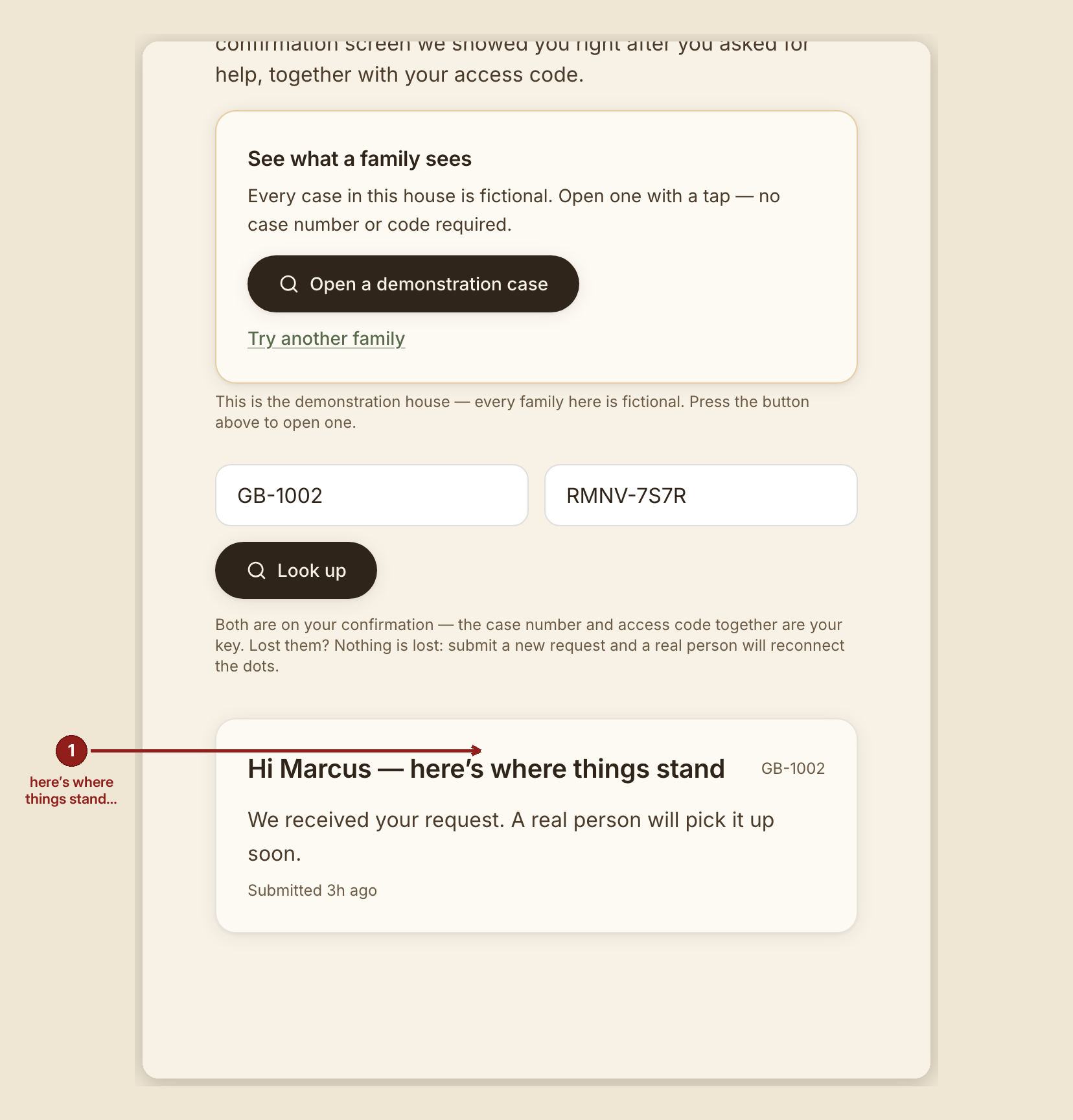 Screenshot of the client portal and check my request screen at /portal, illustrating “What to do”, with numbered callouts: 1. here’s where things stand.