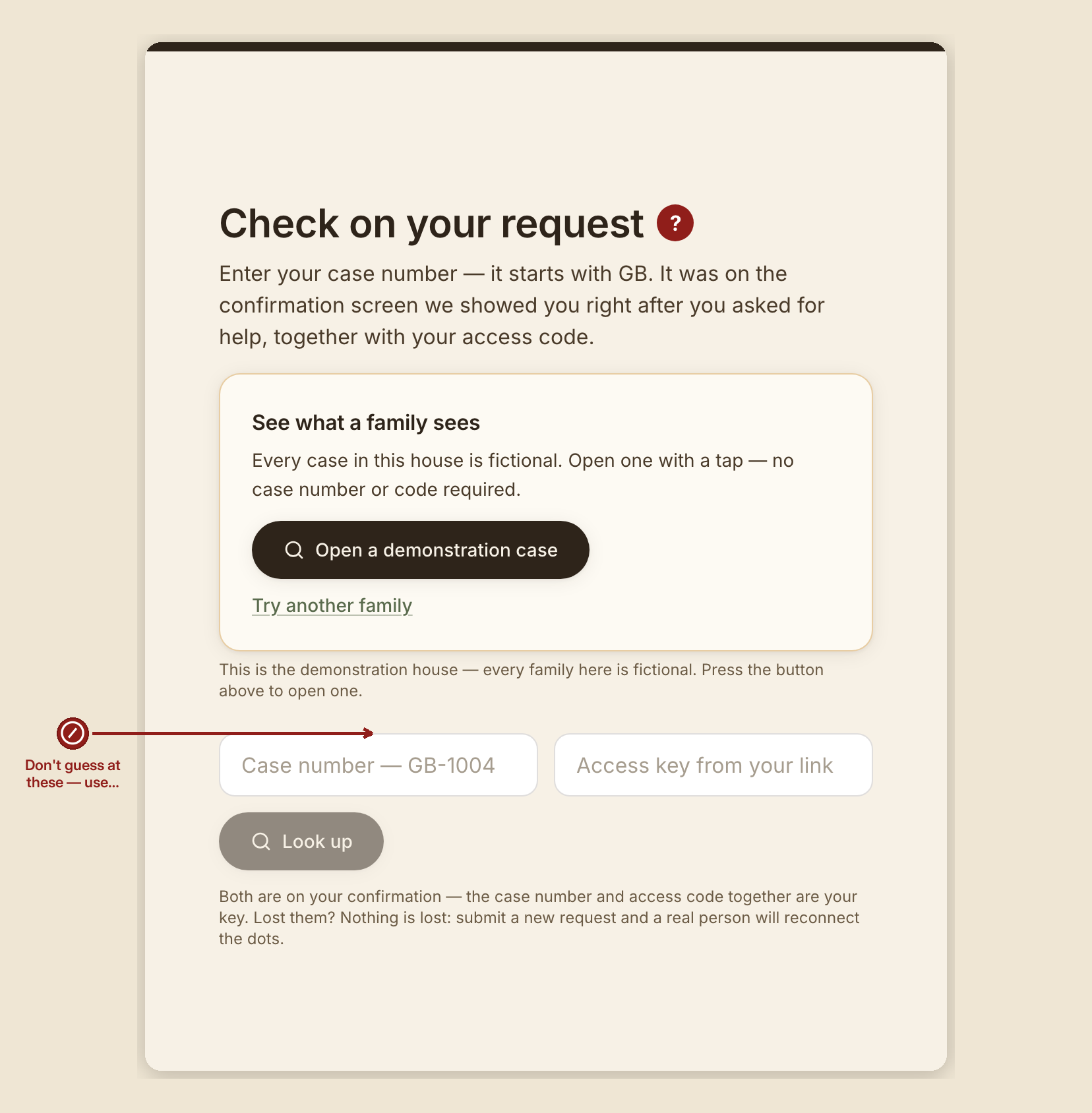 Screenshot of the client portal and check my request screen at /portal, illustrating “What NOT to do”, with numbered callouts: 1. DON'T — Don't guess at these — use exactly what's on the confirmation screen.
