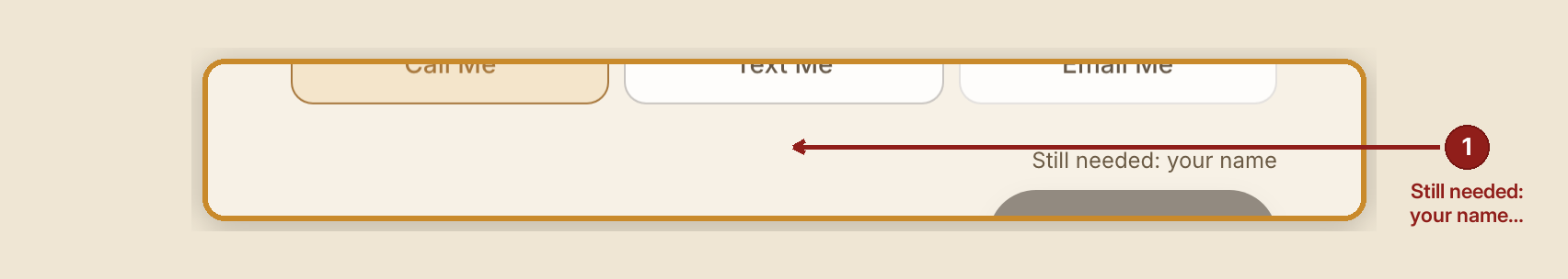 Screenshot of the get help intake screen at /intake, illustrating “When something goes wrong”, with numbered callouts: 1. Still needed: your name.