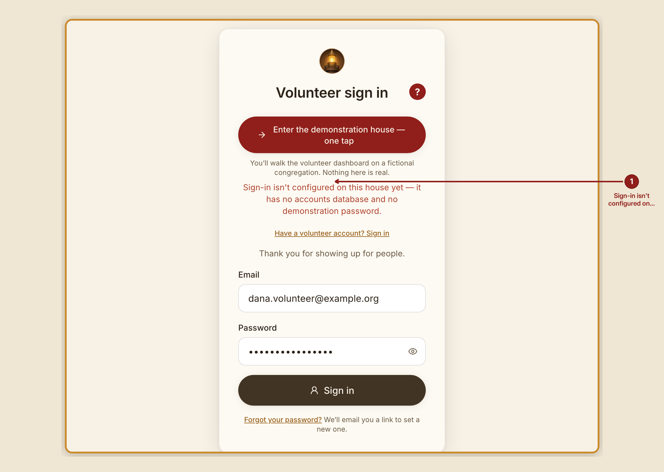 Screenshot of the getting started and sign in screen at /dashboard/login, illustrating “When something goes wrong”, with numbered callouts: 1. Sign-in isn't configured on this house yet.