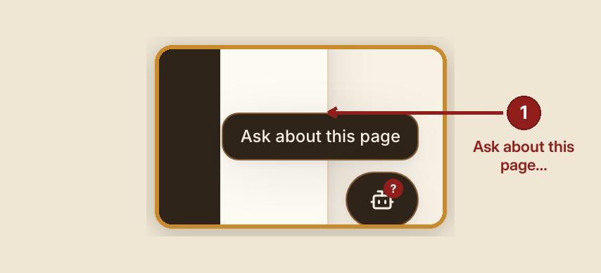 Screenshot of the getting started screen at /, illustrating “When something goes wrong”, with numbered callouts: 1. Ask about this page.