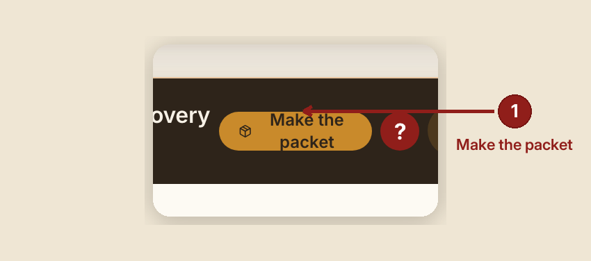 Screenshot of the make ready packet screen at /dashboard/case/GB-1010, illustrating “What you see, in the screen's own labels”, with numbered callouts: 1. Make the packet.