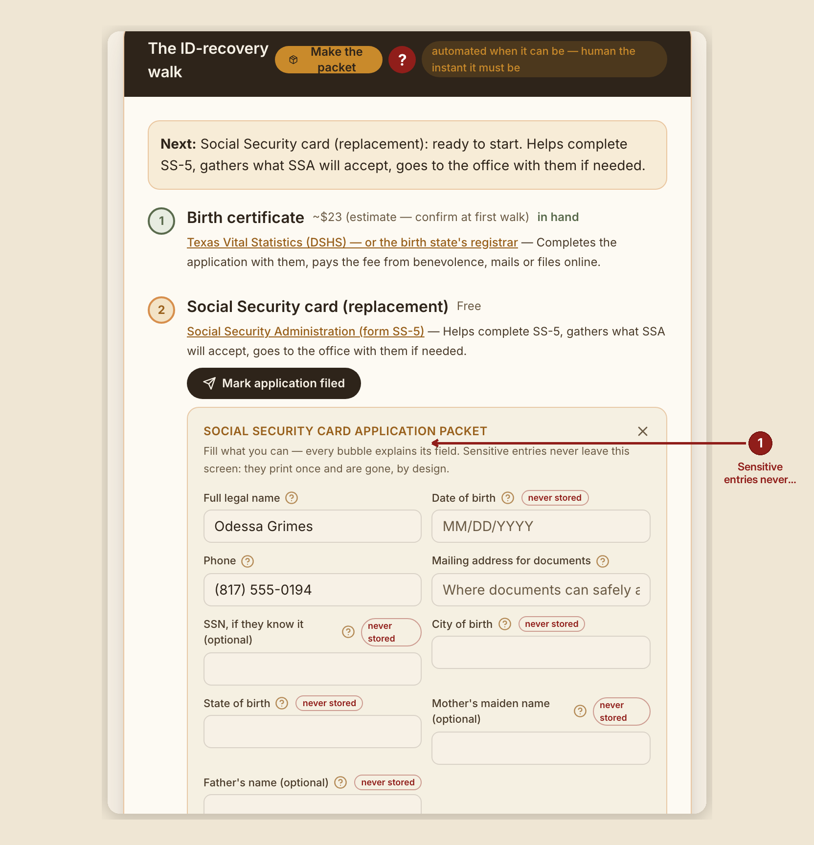Screenshot of the make ready packet screen at /dashboard/case/GB-1010, illustrating “What GraceBridge records — and what it never does”, with numbered callouts: 1. Sensitive entries never leave this screen: they print once and are gone, by design..