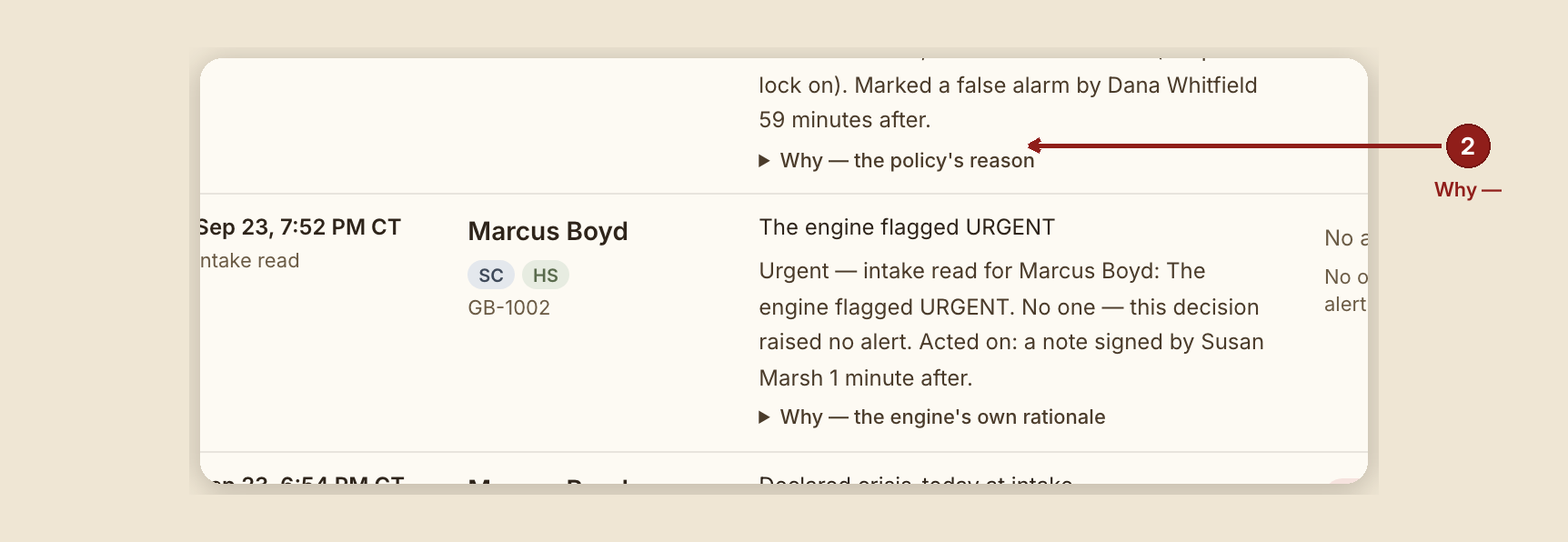 Screenshot of the report alert log screen at /dashboard/reports/alert-log, illustrating “What you see, in the screen's own labels”, with numbered callouts: 2. Why —.